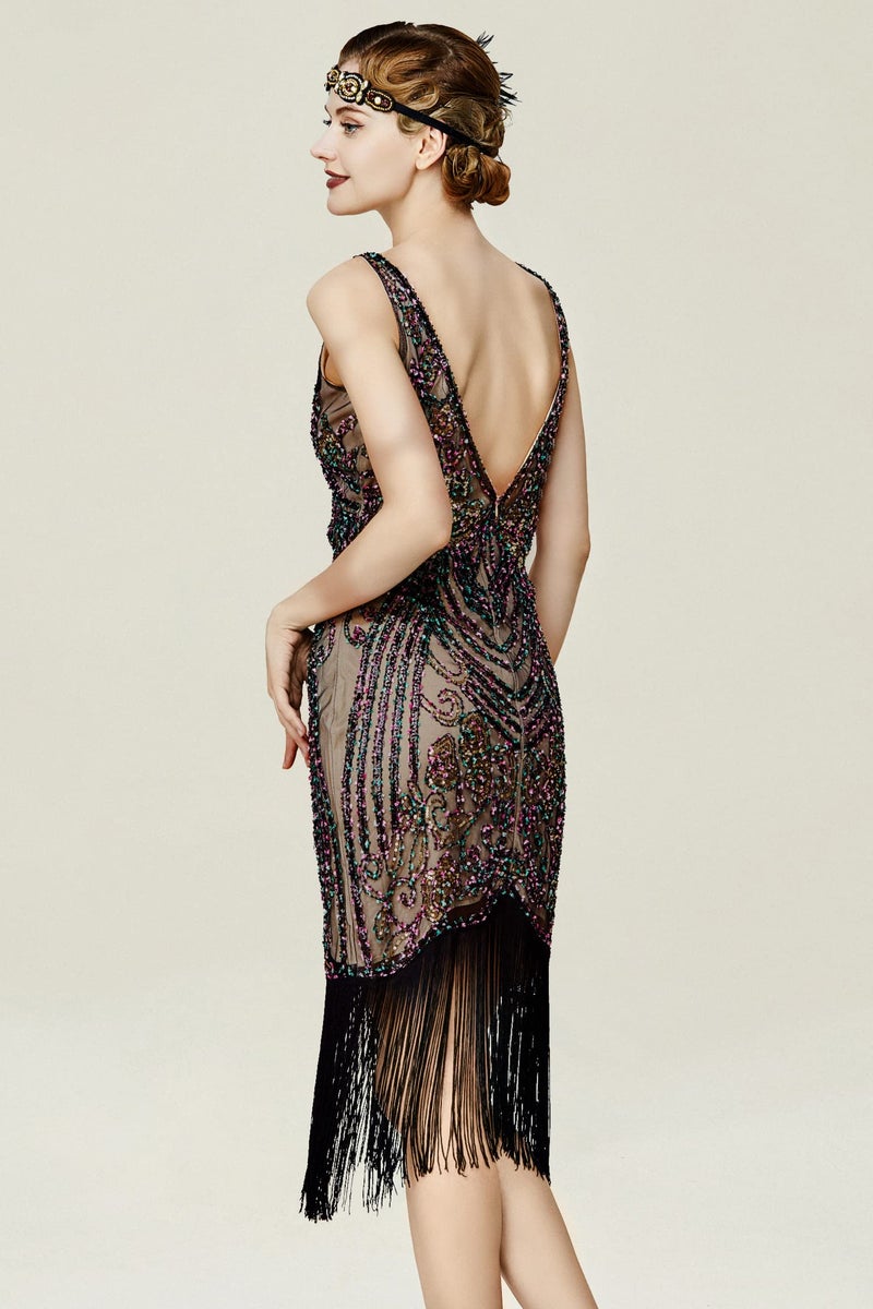 BABEYOND Flapper Dresses 1920s V Neck Beaded Fringed Great Gatsby Dress (Black Apricot, M) - Image 2